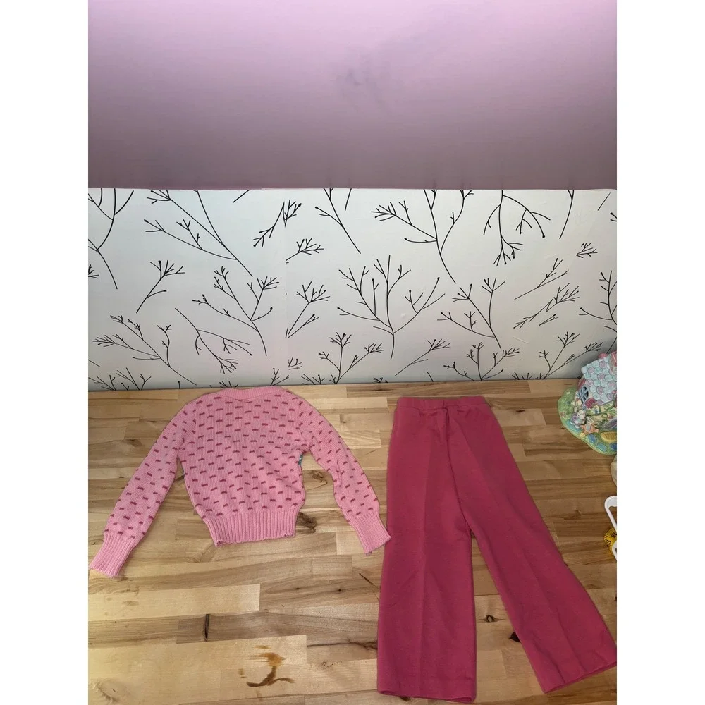 Vintage Aileen Toddler Pink Heart Fair Isle Knit Sweater & Wide Leg Pants Set 4T